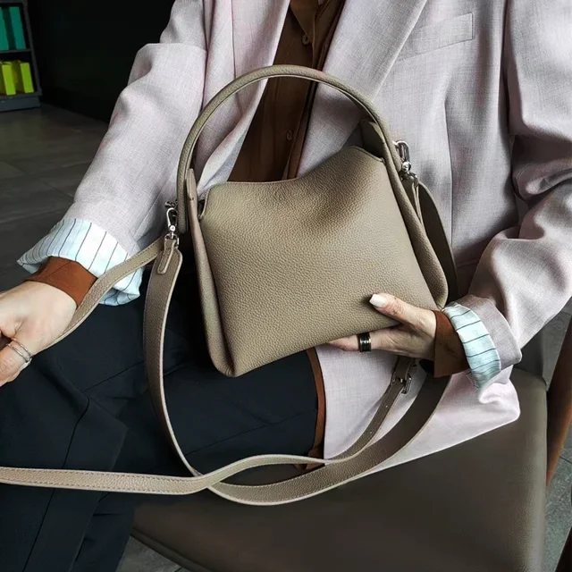 Bolso de mano elegante de piel de vaca Togo 100% Natural, bolso de hombro femenino con correas anchas, bolso de médico gris y negro, bolso de lujo para chica