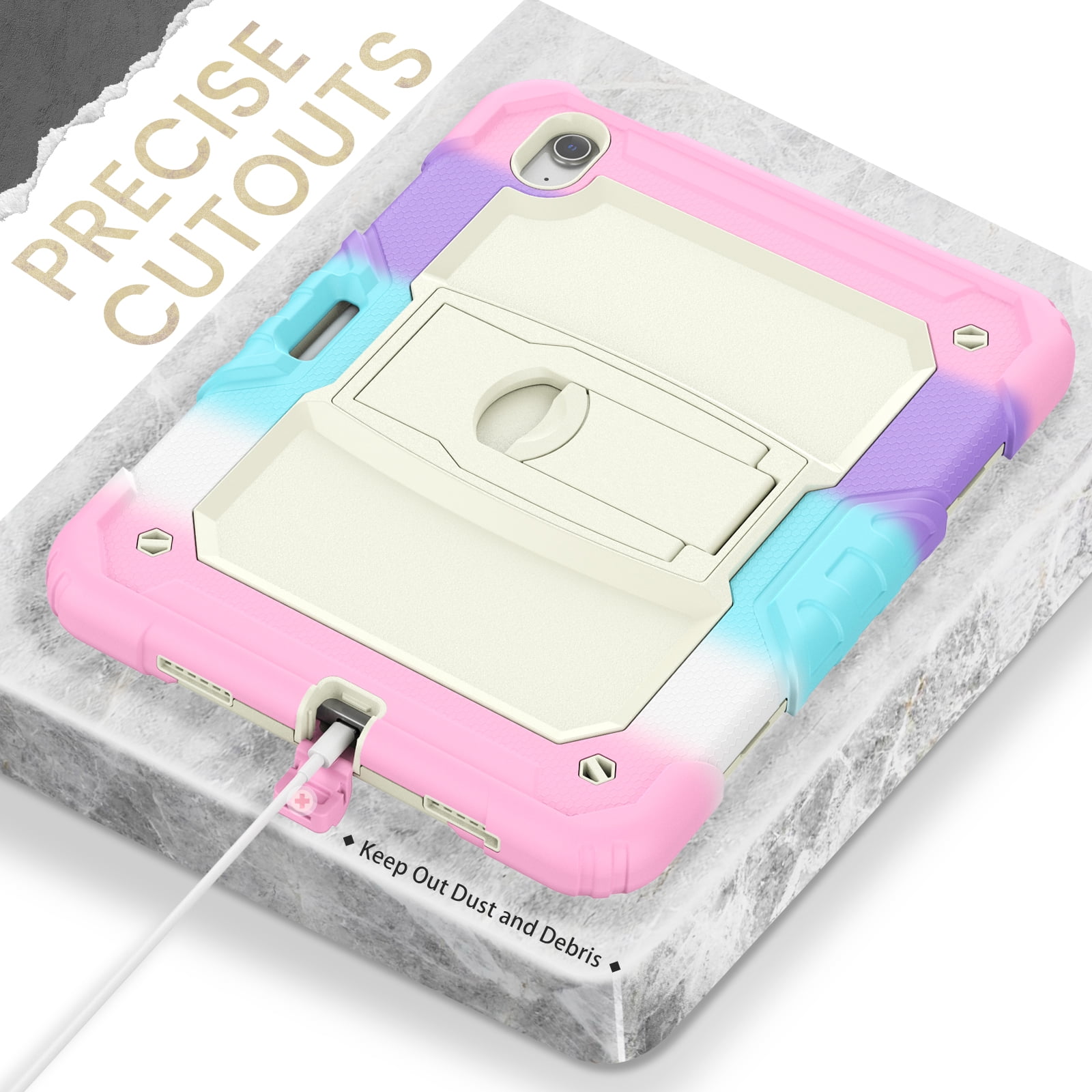 Dteck Built-in Screen Protector Case for iPad Air 11 inch 2025/2024 ,Heavy Duty Silicone Case Foldable Stand Cover Built-in Pencil Holder with Shoulder Strap for iPad Air 11-in. M3/M2,Colorful/Pink