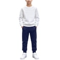 thumbnail image 2 of Vetsdori 2 Pieces Outfits Sets for Boy Winter Athletic Cotton Outdoor Solid Color Pockets, Elastic Waist Crew Neck Kids Clothing Long Sleeve Tops and Joggers, Navy, Size: 9-10 Years, 2 of 9