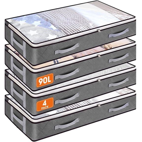4 pack Under Bed Storage Bags, 90L Collapsible Foldable Storage Bags with Handles, Visible Underbed Storage, Closet Storage for Blanket, Pillows, Comforters and Clothes