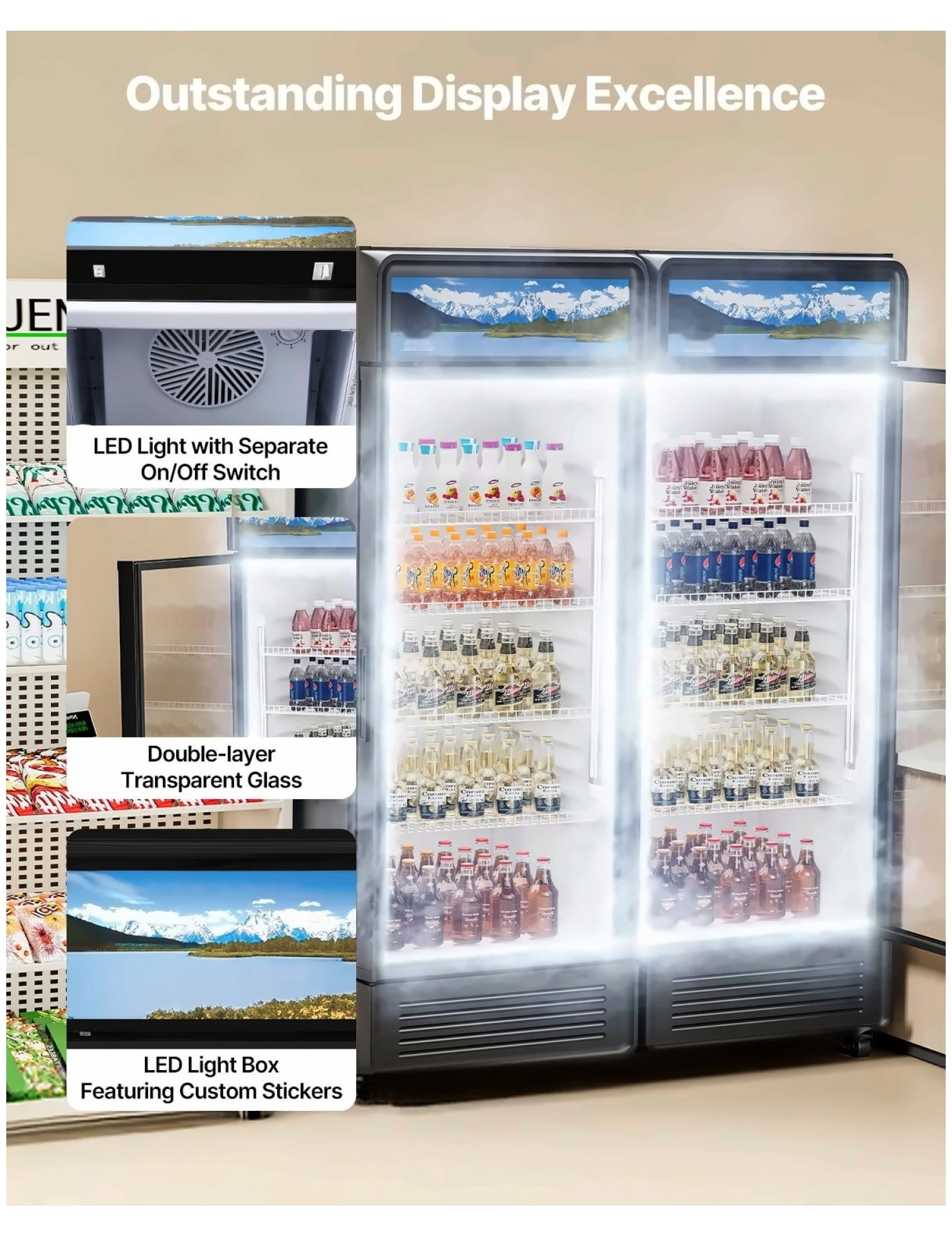 Commercial Refrigerator 12.2 CU.FT Glass Door Display Cooler, Beverage Refrigerator Merchandiser, Adjustable Shelves, Frostless, LED Lighting
