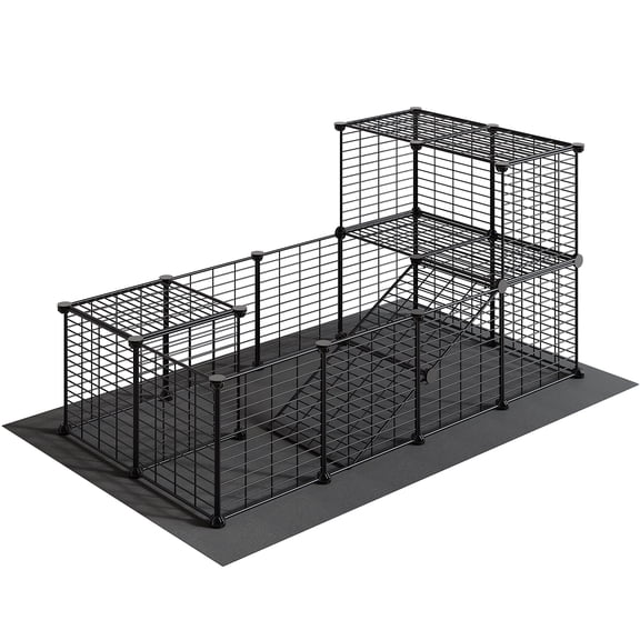 Pet Fence, DIY Small Animal Cage with Waterproof Mat, Indoor Metal Mesh Pet Enclosure, for Puppy, Guinea Pig, Bunny, Turtle, and Chick, 11.8" x 11.8", 24 Panels, Black