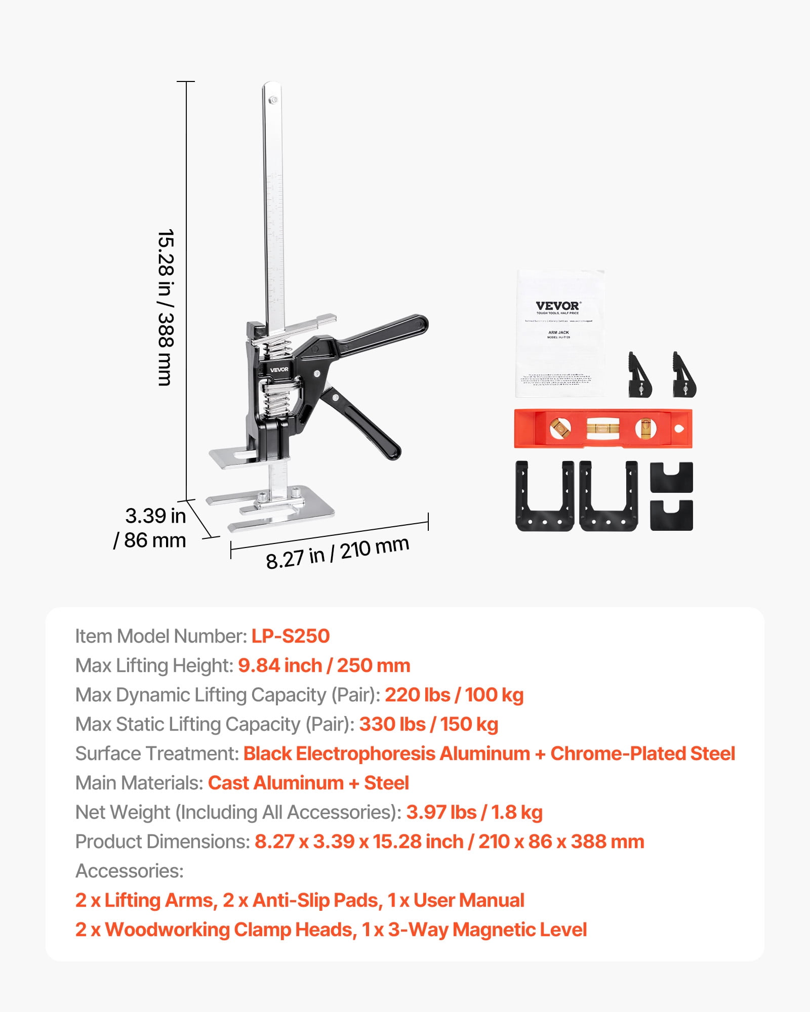 VEVOR Labor Saving Arm Jack, 2 PCS 330 lbs Bearing Capacity, Lifting up to 9.8", Metal Hand Lifting Jack Tool with Magnetic Level, Adjustable Height, for Door, Window, Furniture, Woodworking, Black