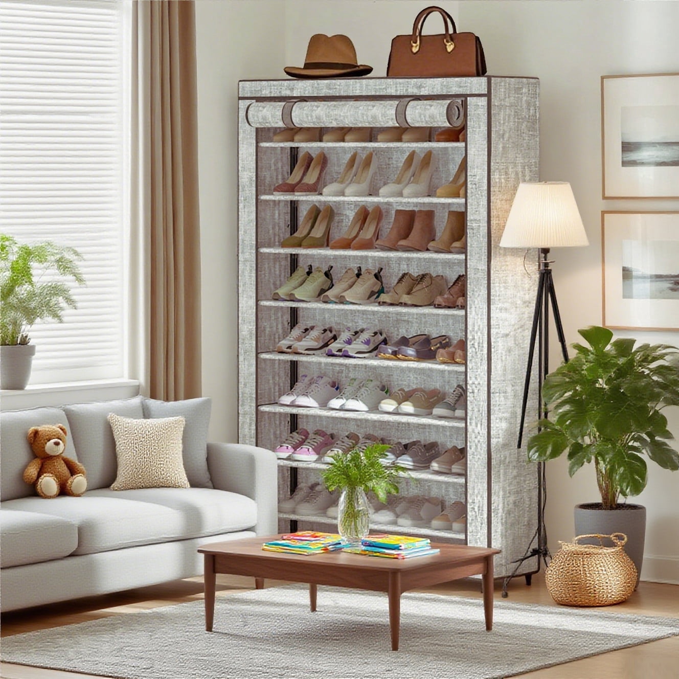 10 Tier Large Capacity Dustproof Shoe Cabinet 50-55 Pairs, Tall Shoes Storage Rack with Fabric Cover for Closet, Dorm, etc