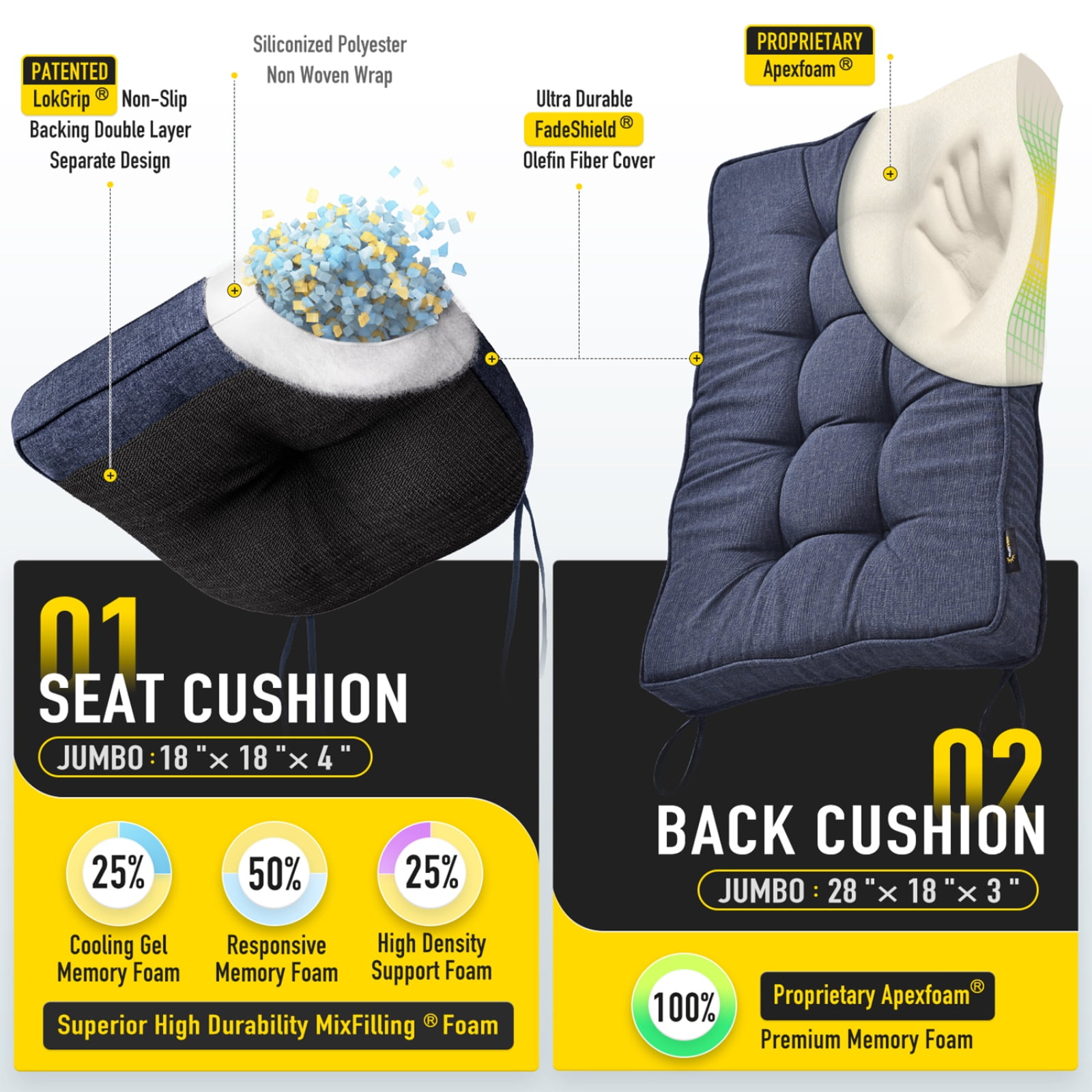 SUNROX Memory Foam Jumbo Rocking Chair Cushions, Set of Seat & Back Cushion with Ties for Indoor/Outdoor Rocker, FadeShield Water Resistant Non Slip Durable Tufted Pads, 2 Piece, Heather Indigo