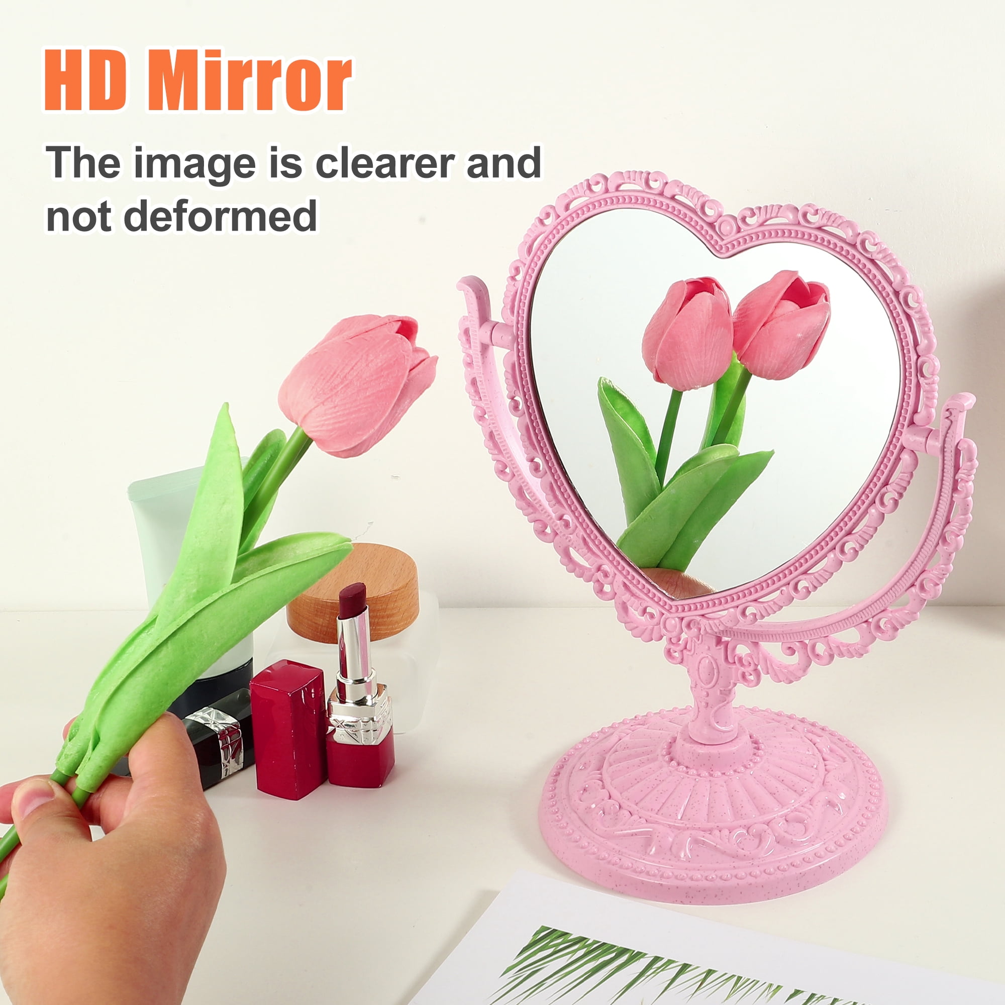 Unique Bargains Love Heart Shaped Double Sided 360° Rotating Makeup Mirror 1 Pc Pink