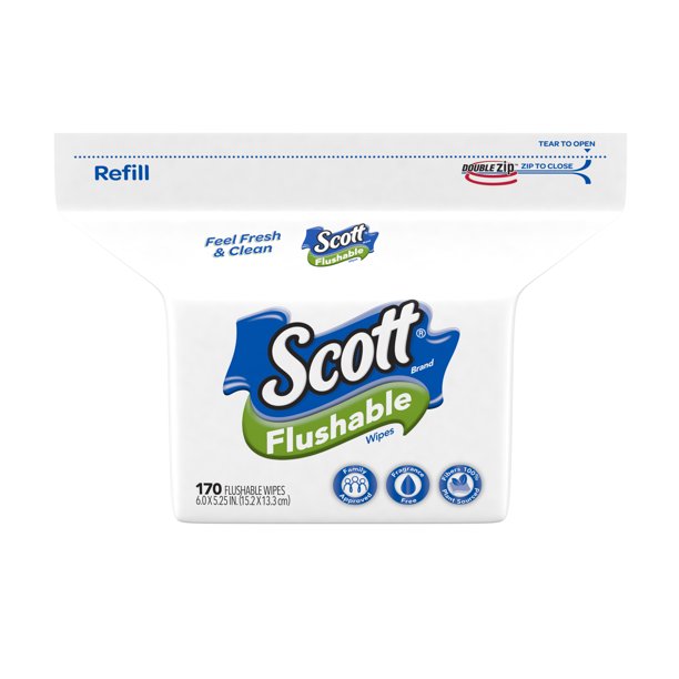 Scott Flushable Wet Wipes, 1 Refill Pack, 170 Wipes, FragranceFree