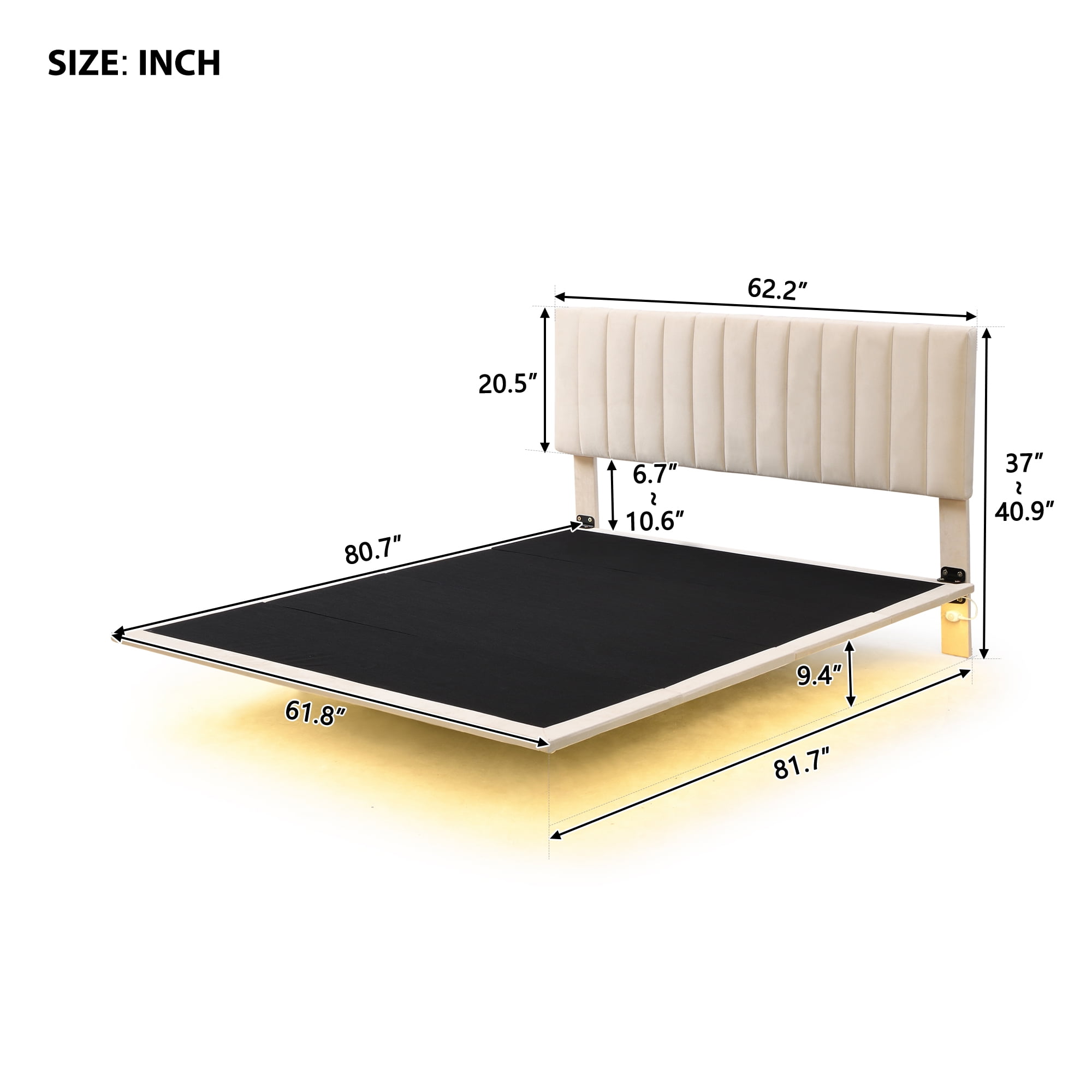 Gewnee Queen Size Floating Upholstered Platform Bed with Sensor Light ,Beige