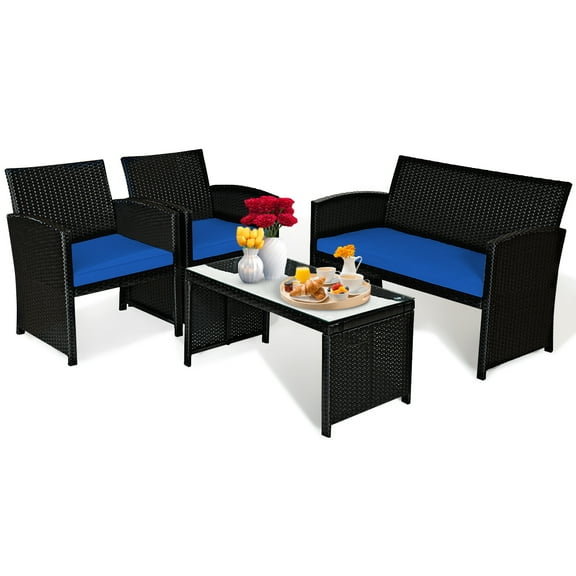 Patiojoy 4 Piece Outdoor Patio Rattan Furniture Set Navy Cushioned Seat For Garden, porch, Lawn