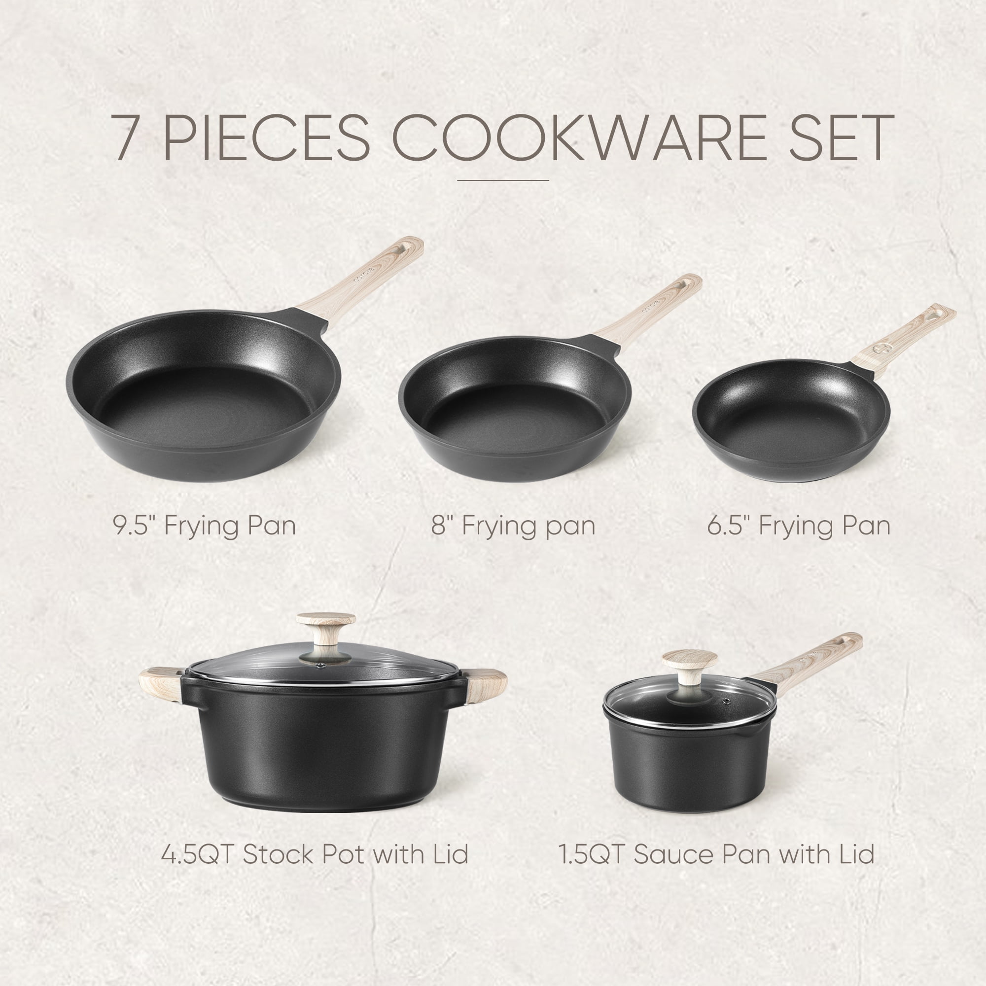Carote Nonstick Cookware Sets, 7 Pcs Non Stick Pots and Pans Set, Induction Cookware, Black (图2) Carote Nonstick Cookware Sets, 7 Pcs Non Stick Pots and Pans Set, Induction Cookware, Black (图2)