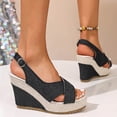 thumbnail image 4 of Wedges Heels for Women Open Toe Denim Platform Sandals Antislip Casual Ankle Strap Summer Pumps Dress Shoes Black Size 7, 4 of 8
