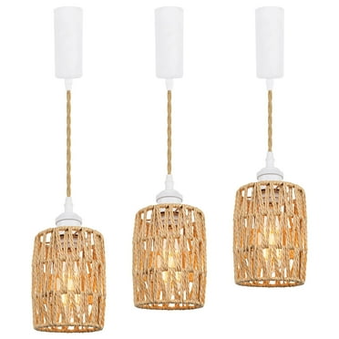 FSLiving Adjustable Height Juno Track Lighting Pendants, 5 Ft Cord, J-Type Track Pendant Lights Twine Natural Rattan Shade, E26 Socket Track Mount for Bar Island 3 Lights