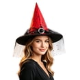 thumbnail image 6 of Halloween Adult Women Witch Hat, Pointed Hat Decorated with Spider Web Tulle and Rhinestone Ring, Costume Accessory Ideal for Halloween Party Outfits, Cosplay, 6 of 7