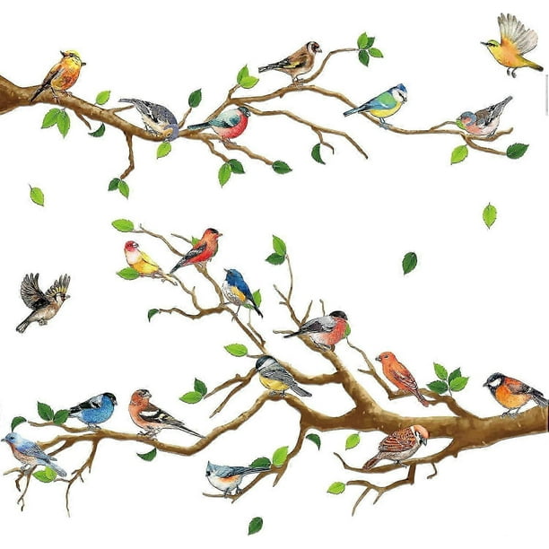 4 Pieces Garden Birds On Branches Wall Decals Removable Birds On Trees Wall Stickers Peel and Stick Wall Decoration for Kids Nursery Bedroom