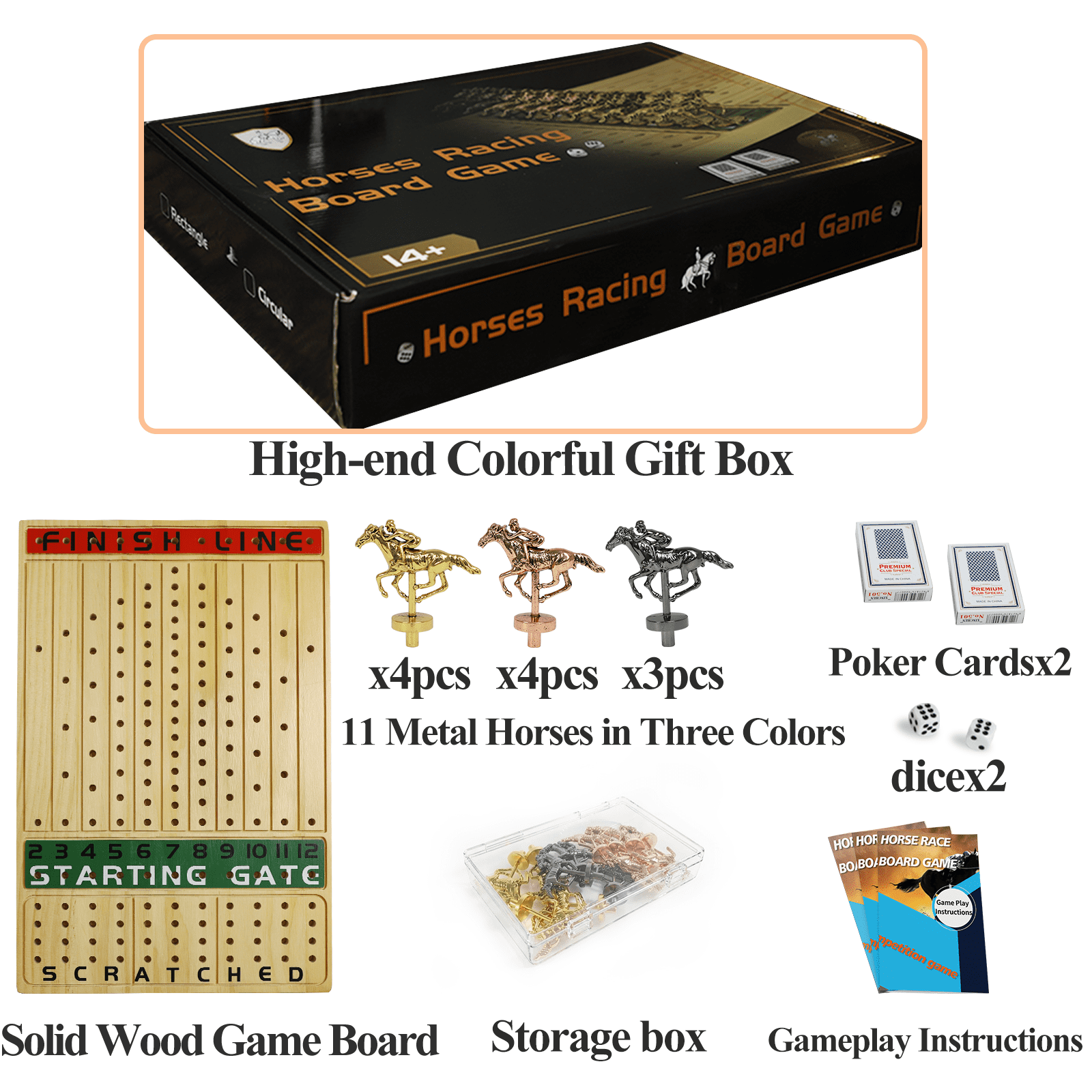 Wood Horse Race Board Game Set, 15.6" x 10", 2-11 Players, 11 Metal Horses, Dice & Cards