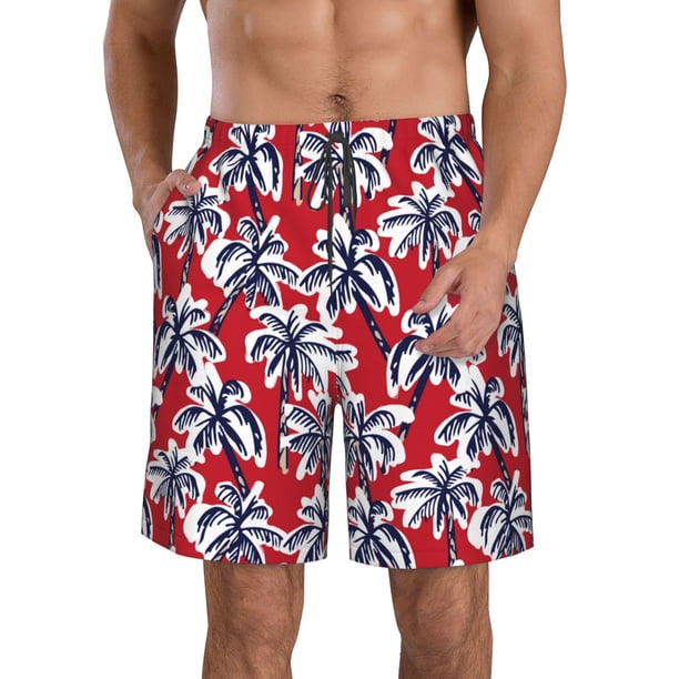 Balery Palm Tree Pattern on Red Traje de Baño Estilo Hawaiano para Hombre, Shorts de Secado Rápido con Bolsillos-Medium
