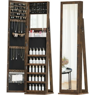 Bifanuo Jewelry Cabinet with Full-Length Mirror, Lockable Jewelry Armorie Standing with Inside Makeup Mirror, Space-Saving Jewelry Storage Organizer, Brown