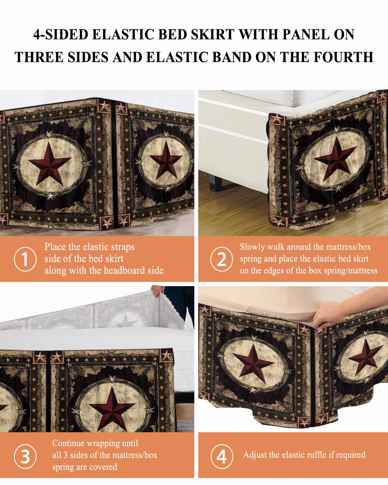 Texas Star Bed Skirt Western Retro Red Star Rustic Farmhouse Bed Skirts Queen Size 18 Inch Drop, Wrap Around Dust Ruffle&nbsp;Bedskirt with Adjustable Elastic Belt for Queen Size Beds
