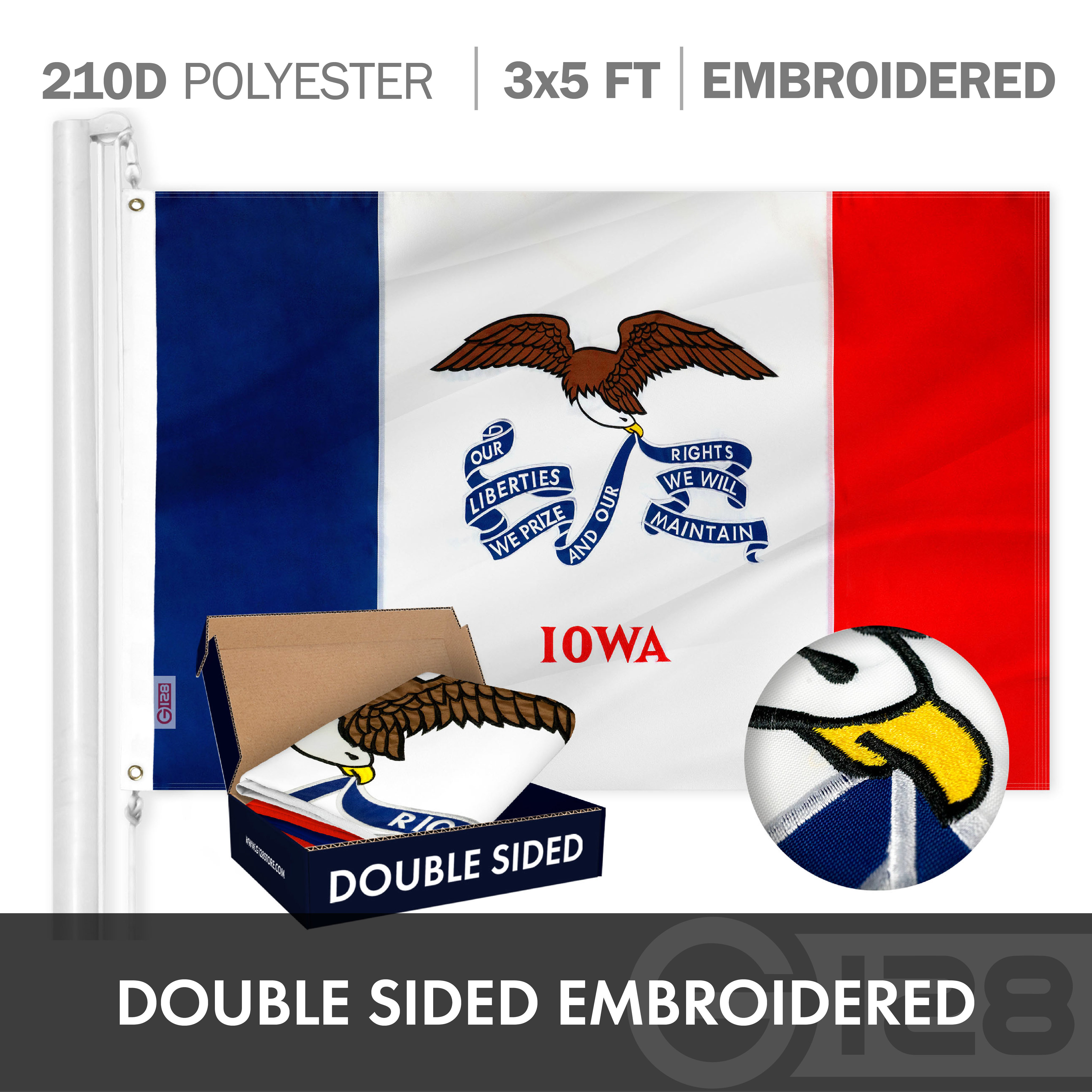 G128 Combo Pack: USA American Flag 3x5 Ft Embroidered Stars & Iowa State Flag 3x5 Ft Embroidered Double Sided 3ply
