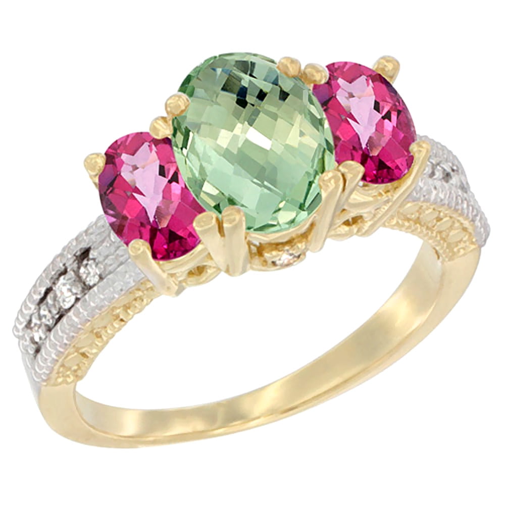 10K Yellow Gold Diamond Natural Green Amethyst Ring Oval 3-stone with Pink Topaz, sizes 5 10 by WorldJewels