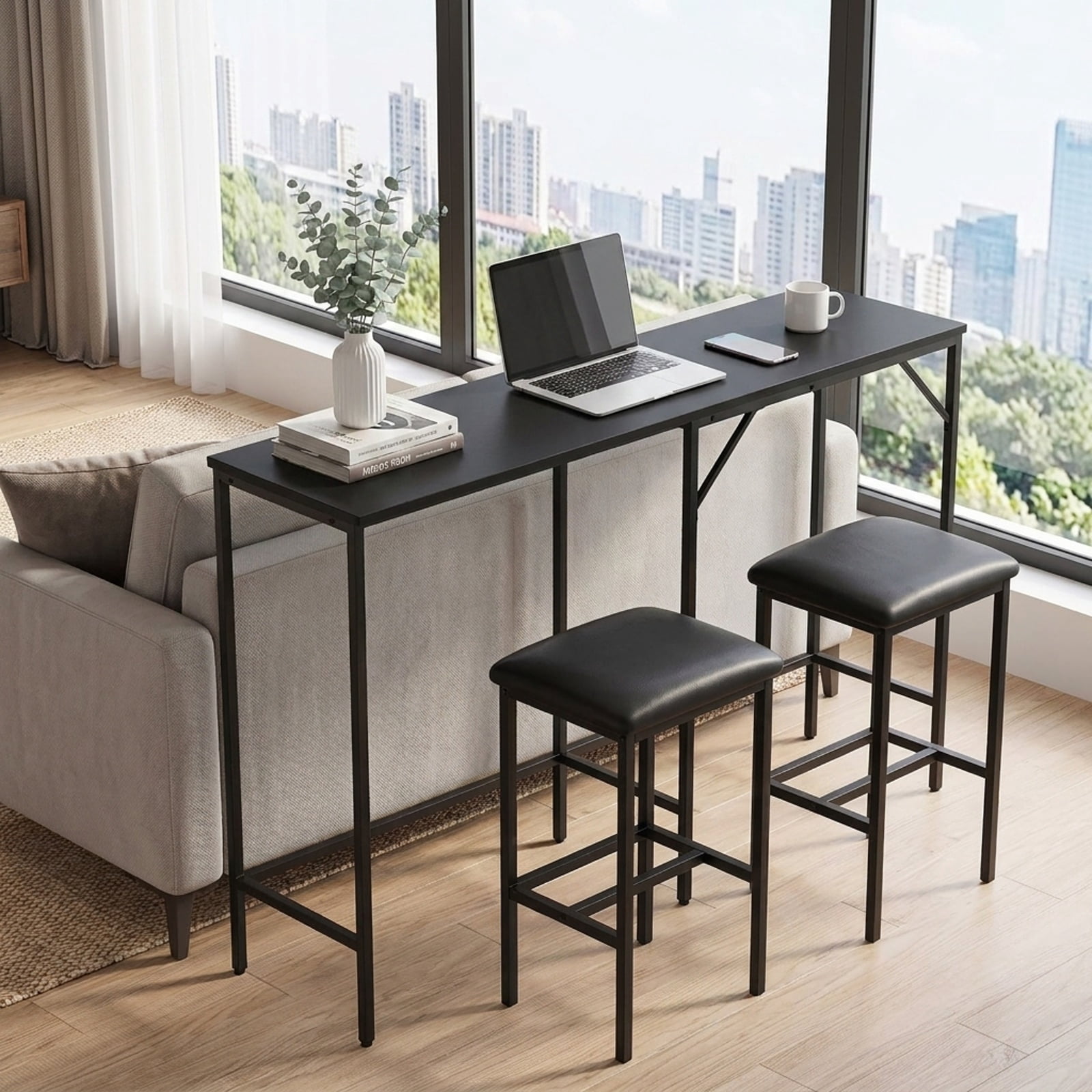 Furnibear 3-Piece Convertible L-Shaped Kitchen Table Chair Set with 2 AC Outlets USB Port and Type-C Port for Kitchen Dining Room Breakfast, Black