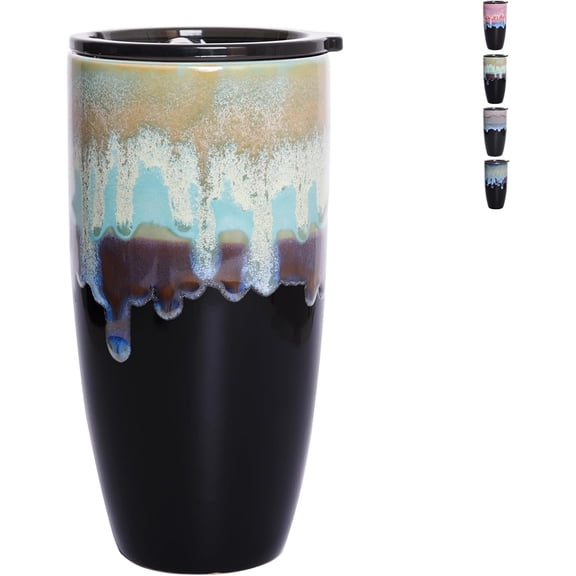 Ceramic Travel Coffee Cup with Lid, 21 oz, Portable Coffee Mug for Car Cup Holder, Microwave Safe, Reactive Glaze (Pastel Blue)