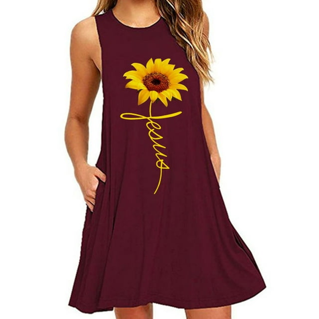 Innerwin Robe Débardeur Col Rond Dames Mini Robes Courtes Fête Sans Manches Décontractée Été Plage Robe Rouge Vin 4TG
