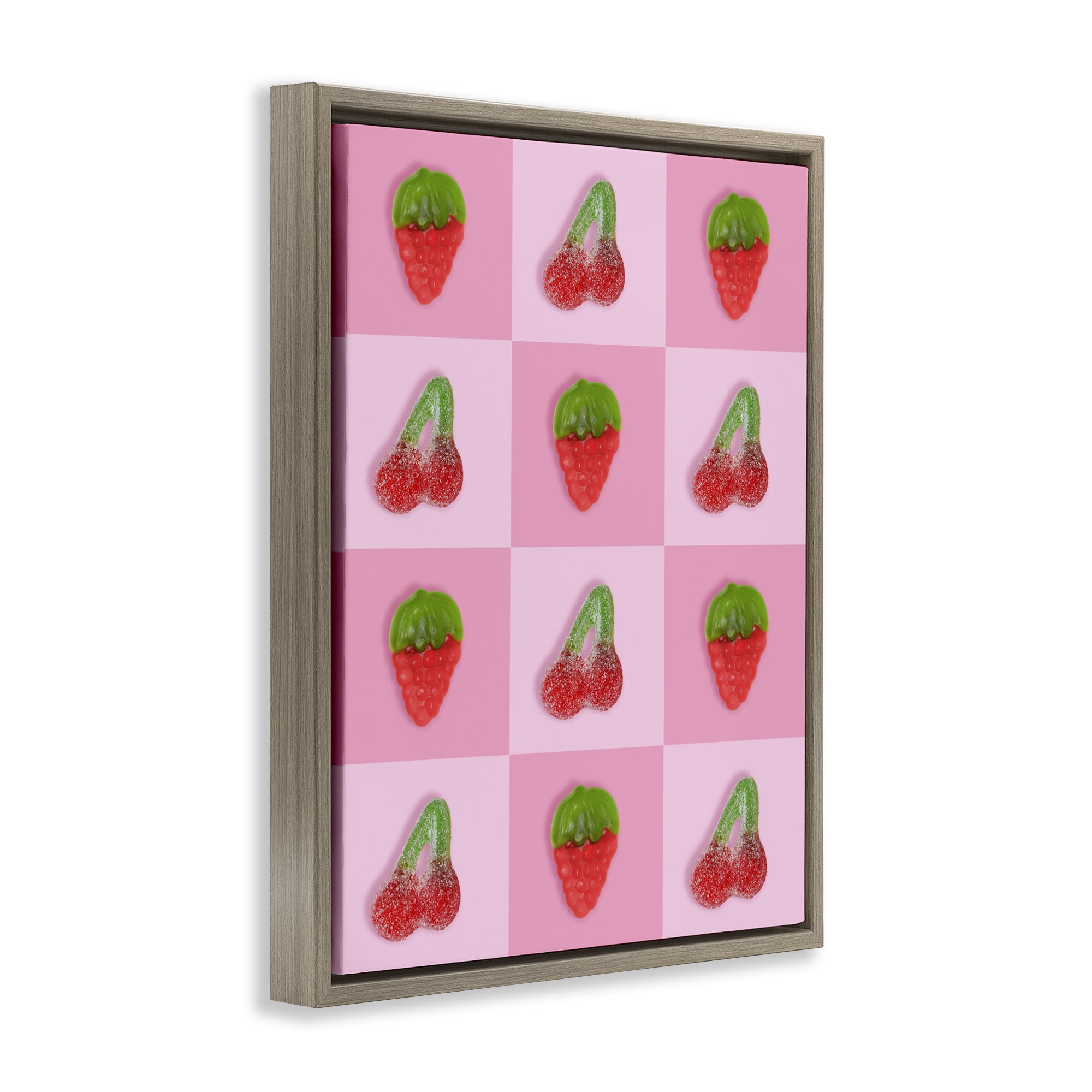 Stupell Industries Gummy Strawberry and Cherry Checkerboard Brown Framed Floater Canvas Wall Art, design by LISH Creative