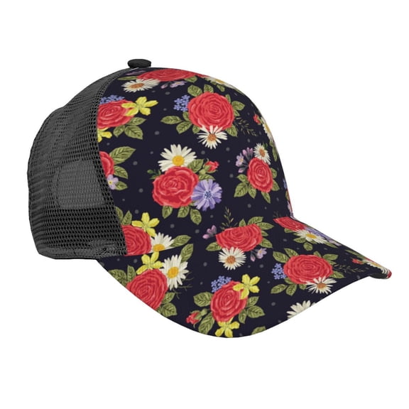 Lsque Red Rose Flower Printed Trucker Hat - Baseball Cap for Men Women - Breathable Mesh Side, Adjustable Fit - for Casual Wear