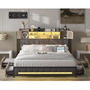 Full Size Bed Frame with Bookcase Headboard & Storage Drawers, Bed Frame Full Size with LED Lights & Charging Station, Heavy Duty Metal Bed Frame for Kids Adults, No Box Spring Needed, Charcoal Gray