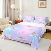 Manfei Unicorn Twin Sheet Sets,Cartoon Animal Twin Fitted Sheet,Pink Blue Ombre Flat Sheet For Girls,Ultra Soft Home Decor,3 Pieces