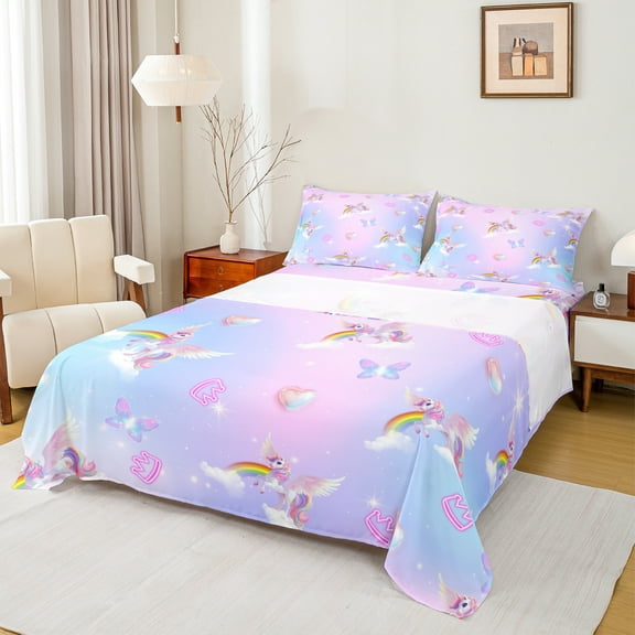 Manfei Unicorn Twin Sheet Sets,Cartoon Animal Twin Fitted Sheet,Pink Blue Ombre Flat Sheet For Girls,Ultra Soft Home Decor,3 Pieces