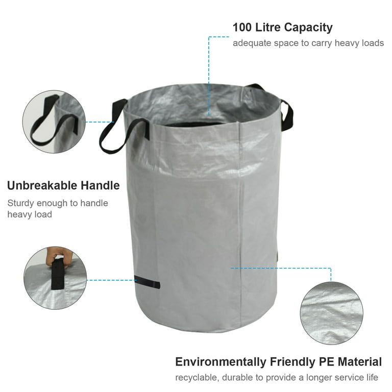 Silver 100 Litre Reusable Garden Waste Bag For Yard Recyclable Standable  Container Leaf Trash Plant Pool Landyard Landscaping Lawn Patio