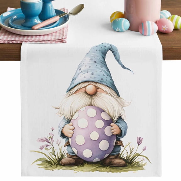 Easter Table Runner, Gnome Egg Cotton Linen Kitchen Table Decoration Washable Dining Tabletop Runners for Home Party Decor 13x36 Inches