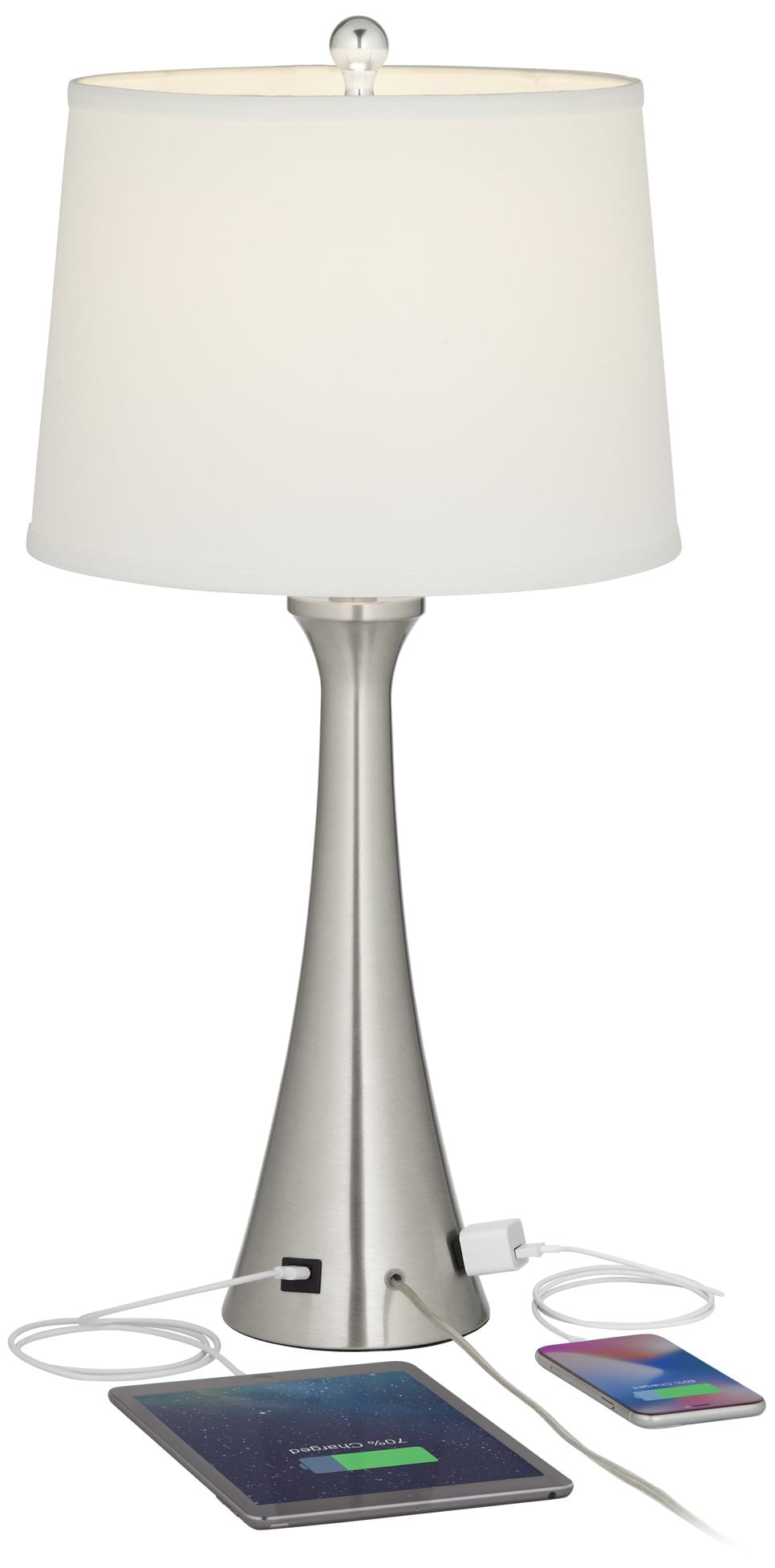 360 Lighting Karl Modern Table Lamps 27 1/2" Tall Set of 2 Brushed Nickel with USB and Outlet White Drum Shade for Bedroom Living Room House Bedside
