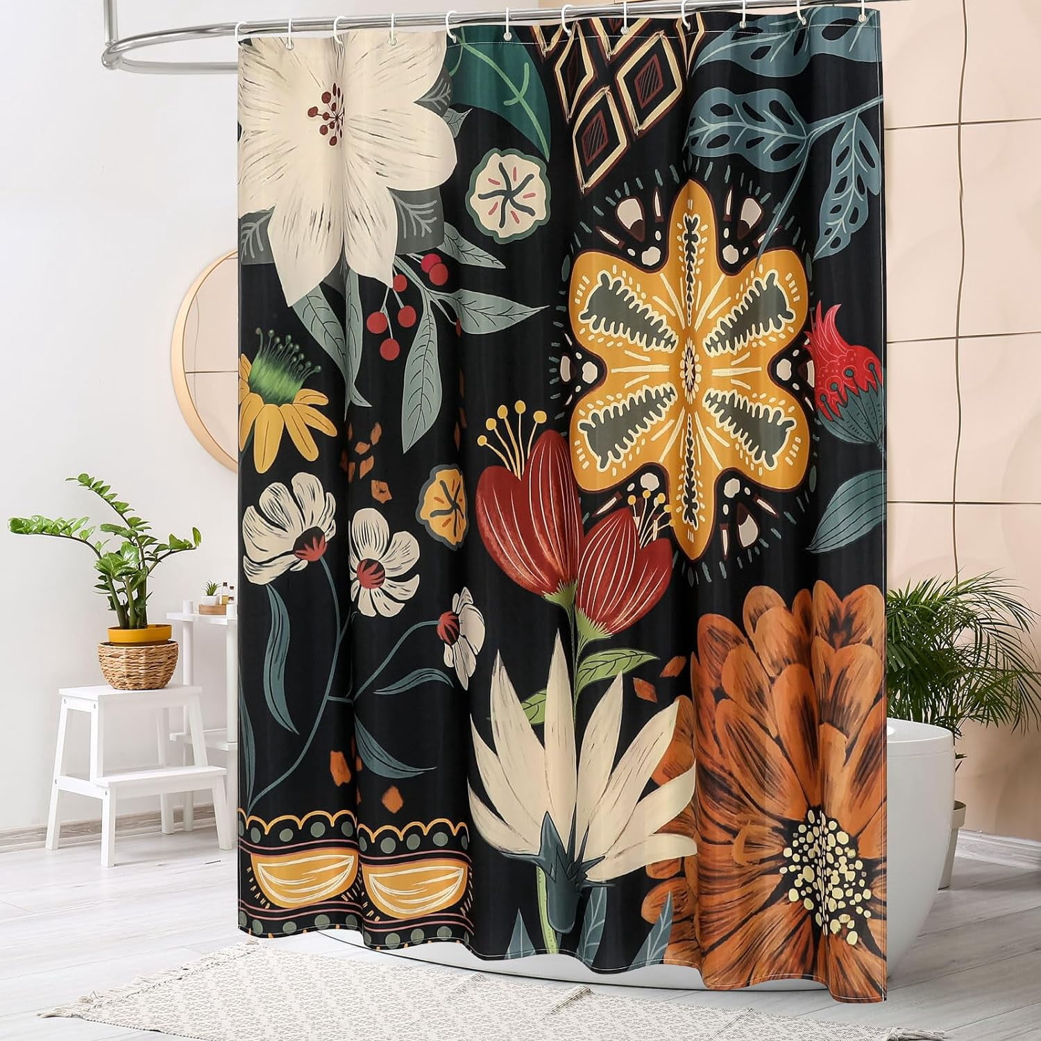 Extra Long Boho Floral Shower Curtain 72 x 84, Chic Elegant Bathroom Shower Curtain with Tropical Leaves, XL Rustic Flower Shower Curtains for Vintage Bathroom Decor
