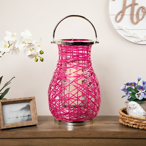 Northlight Woven Iron Pillar Candle Lantern with Glass Hurricane - 16.25" - Fuchsia Pink