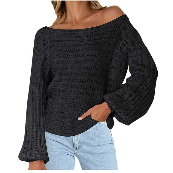 IROINNID Reduced Womens Sweater Boat Neck Pullover Sweater Solid Color Leisure Mid-Length Long Sleeve Knitted Sweater