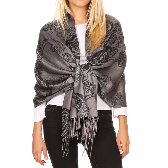 Sakkas Tessa Reversible Rose Brocade Warm Soft Scarf Wrap Stole with Fringe - Black - One Size Regular