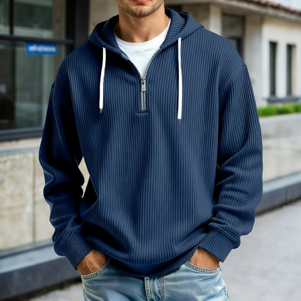 MHFRRA Sudadera con Capucha y Cremallera de Un Cuarto de Manga Larga con Bolsillo Frontal Tipo Cangurera para Uso Deportivo Informal Al Aire Libre, Tela Ligera y Cómoda Azul