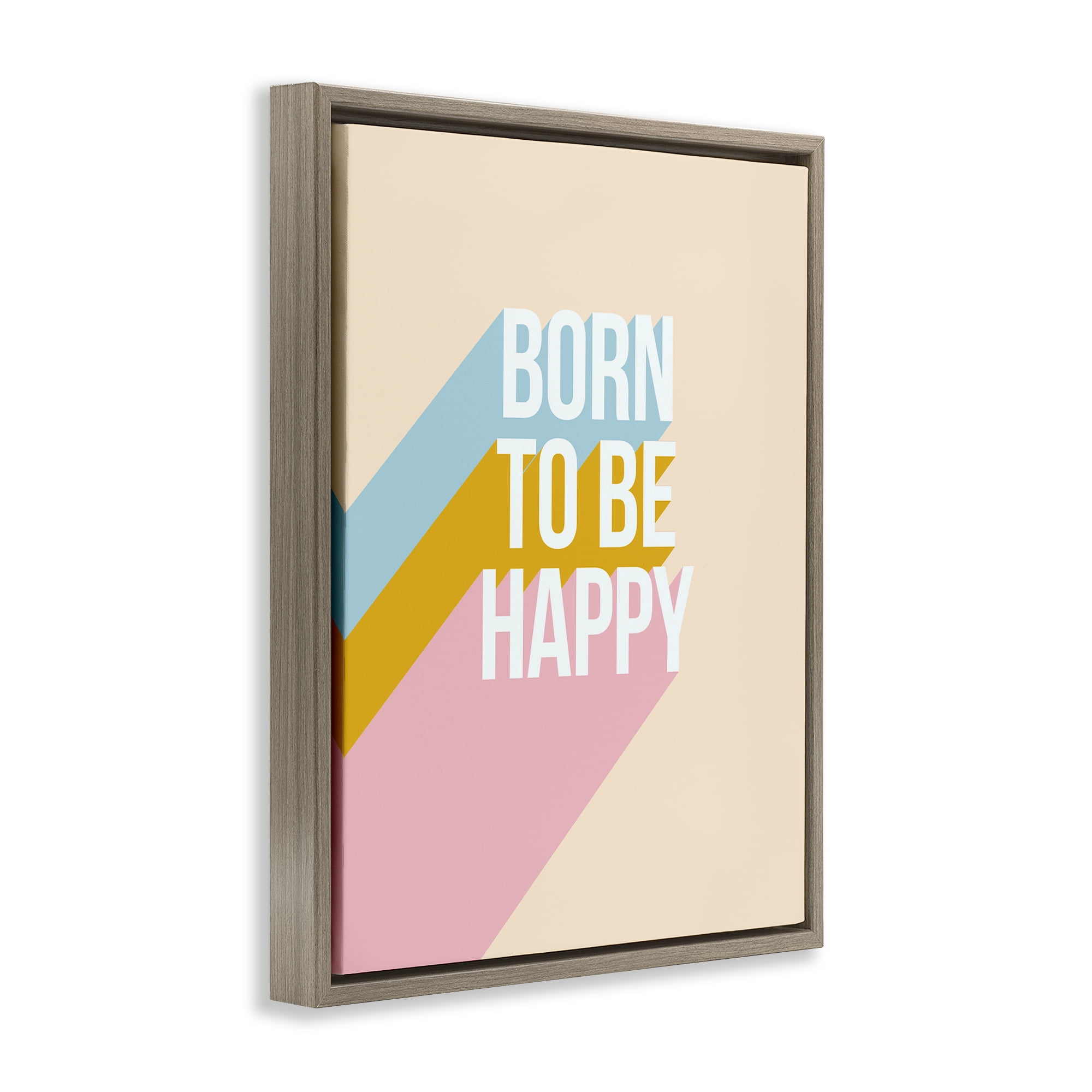 Stupell Industries Born To Be Happy Pastel Text & Numbers Painting Brown Floater Framed Canvas Art Print Wall Art, 25 x 31