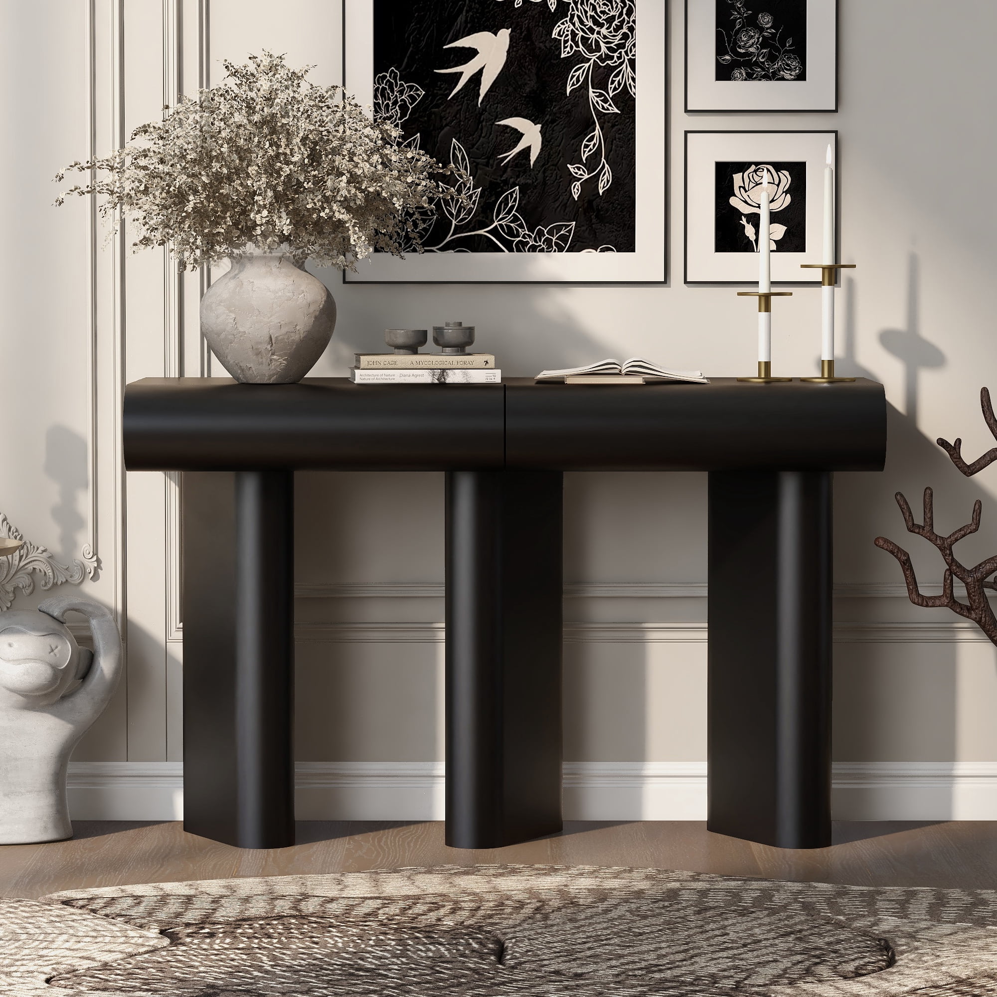 Euroco 47.6" Modern Console Table with 2 Curved Drawers,Narrow Sofa Table Entryway Table with Geometric Legs for Living Room,Foyer,Small Apartments