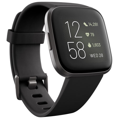 Fitbit Versa (2nd Gen) Smartwatch | Carbon aluminum Body with Black Band, one size (S & L bands included) | Open Box