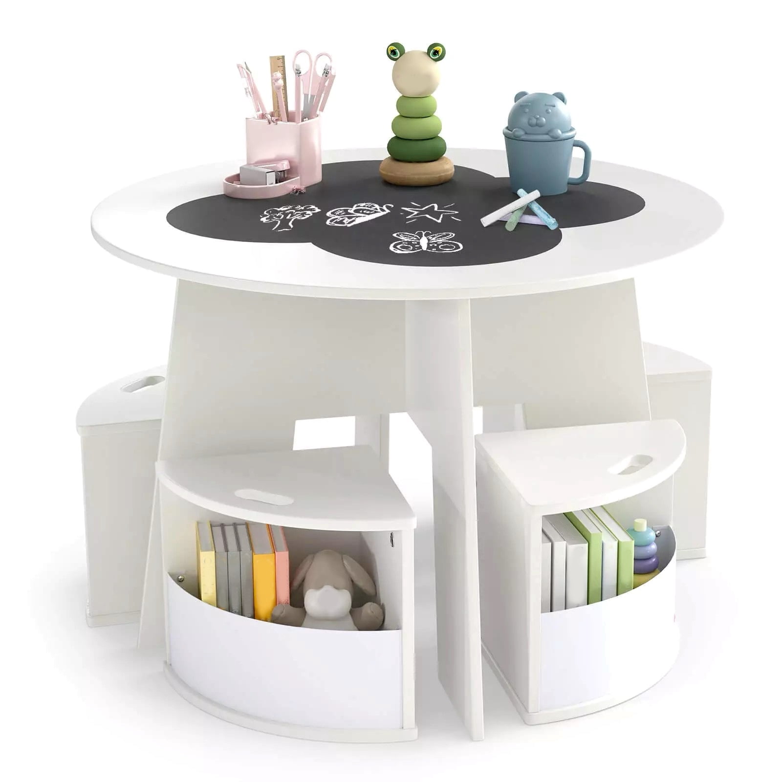 Auranook 5 PCS Kids Table and Chair Set with Writable Blackboard Desktop Toddler Table