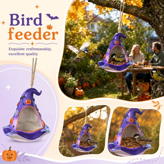 Novelty Witch Hat Bird Feeder, Halloween Themed Resin Bird Feeder, Decorative Seed Tray for Yard Balcony Porch Decor