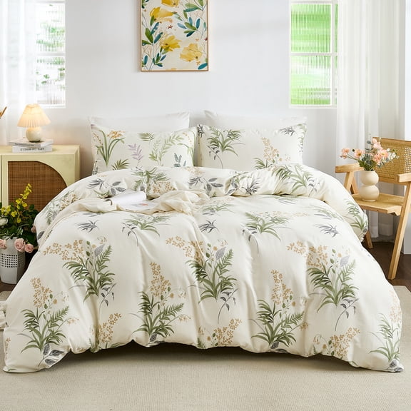 100% Cotton Duvet Cover Chic Shabby Botanical Green Floral Bedding Set Soft&Breathable Cream Comforter Cover Set with Zipper Closure