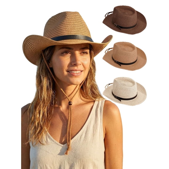 Gustave Straw Cowboy Hat for Women Men Wide Brim Fedora Sun Hat Shapeable Western Cowgirl Hat Summer Beach Hat with Windproof Chin Strap - Khaki
