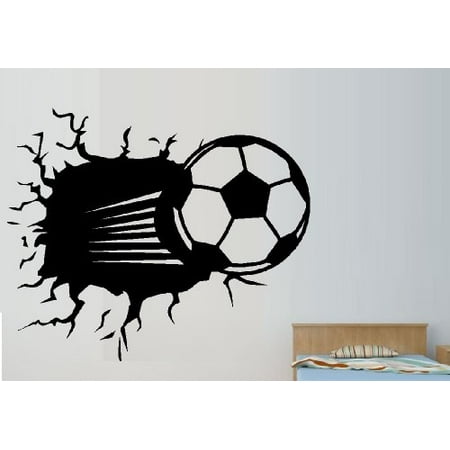 SOCCER BALL THROUGH WALL: WALL DECAL, HOME DECOR 13" X 14"
