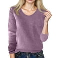 thumbnail image 3 of Knit Sweaters for Women V Neck Loose Long Sleeve Winter Warm Wool Knit Pullover Tops Cozy Tunic Sweater Purple M, 3 of 4