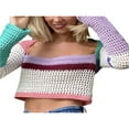thumbnail image 2 of Hauts Courts en Tricot Crochet pour Femmes à Manches Longues, T-Shirts Ajustés à Blocs de Couleur, 2 of 6